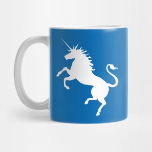 White Coloured Rearing Scottish Unicorn On Saltire Blue Background Mug